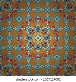 Vector stylized abstract flowers and Mandalas. Indian, Arabic, Moroccan motives in orange, blue and white colors. Ethnic print for fabric. Patchwork seamless pattern.