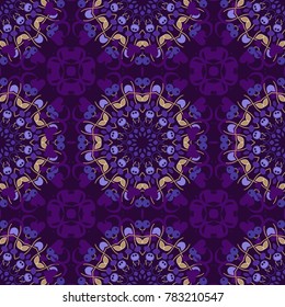 Vector stylized abstract flowers and Mandalas. Ethnic print for fabric. Indian, Arabic, Moroccan motives in brown, purple and violet colors. Patchwork seamless pattern.