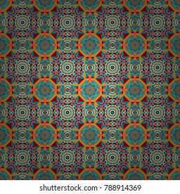 Vector stylized abstract flowers and Mandalas. Indian, Arabic, Moroccan motives in orange, blue and yellow colors. Patchwork seamless pattern. Ethnic print for fabric.