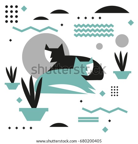 Vector stylized abstract illustration of two cats and flowers in pots.