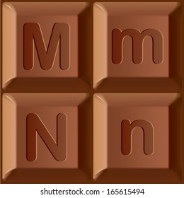 Vector stylized alphabet. Set of Latin characters printed on blocks of chocolate bar. Letters M and N