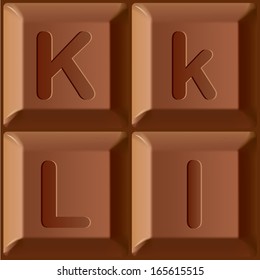 Vector stylized alphabet. Set of Latin characters printed on blocks of chocolate bar. Letters K and L