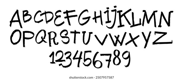 Vector stylized artistic font. Hand drawn alphabet design, from A to Z and numbers from 0 to 9. Made of marker strokes. Beautiful realistic, scratched and horror style., back to school style.