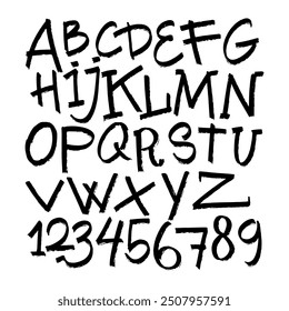Vector stylized artistic font. Hand drawn alphabet design, from A to Z and numbers from 0 to 9. Made of marker strokes. Beautiful realistic, scratched and horror style., back to school style.