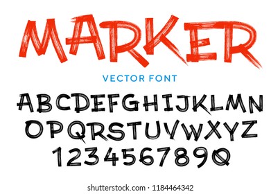 Vector stylized artistic font made of marker strokes. Latin alphabet from A to Z and numbers from 0 to 9. Beautiful realistic brush style.