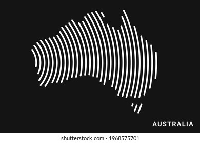Vector of Stylized Australia Map in Simple Striped White Flat Line on Black Background.