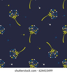 Vector stylized background dandelion in the form of hearts. The flower symbolizes love, friendship and acceptance. Floral seamless pattern.