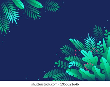 vector stylized background made with childlike green leaves and flowers isolated on dark background.