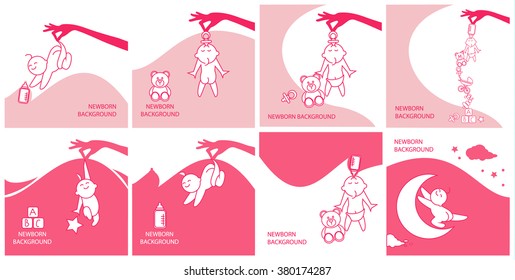 Vector stylized background set of pregnant woman with playing child and toys