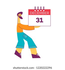 Vector stylized bearded man in denim jeans holding calendar, planner with 31 december date, new year holiday eve. Male character and winter holiday symbol, isolated illustration
