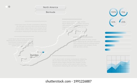 Vector of Stylized Bermuda Map in Simple; Soft; and Clear Futuristic Neumorphism Design on White Background. Minimalistic White Infographic 3D paper cut for User Interface Element.