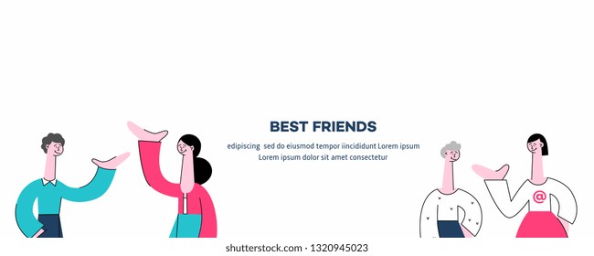 Vector stylized best friends poster with cheerful young caucasian women, men gesticulating talking to each other with empty speech bubble. Smiling stylized female male characters communicating