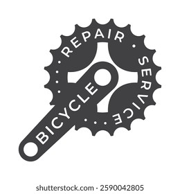 Vector stylized bicycle repair logo with a gear wheel and crank, with the text "Bicycle Repair Service". Isolated on white background