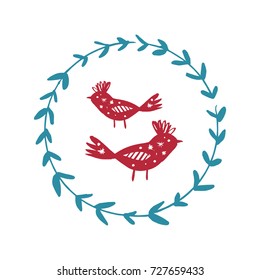 Vector stylized birds and floral frame. Poster, postcard, print, illustration, sticker, label and other.