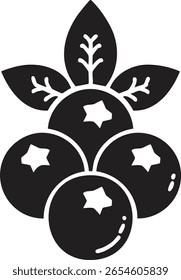 Vector Stylized Black Blueberry Cluster with Leaves on White Background in Minimalist Design