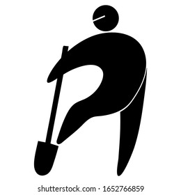 Vector stylized black silhouette of a man with a shovel, isolated on a white background. Icon, symbol, logo, pictogram. The concept of spring work on a personal, agricultural plot. Summer resident.