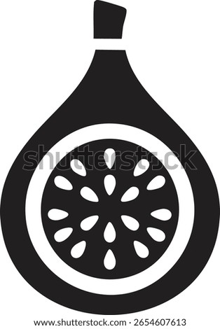 Vector Stylized Black and White Fig with Exposed Interior and Radial Seed Design on White Background