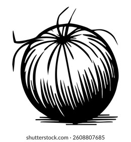 A vector stylized black and white illustration of a round tomato with a textured surface and green stems on top.