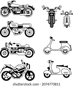 Vector stylized black and white motorcycle, graphic illustration in flat design, side and front view silhouette isolated on white background