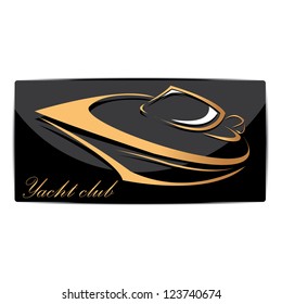 vector stylized black yacht icon. fast fishing boat. motor boat on black background. Golden Yacht club label.
