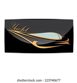 vector stylized black yacht icon. fast fishing boat. motor boat on black background. Golden Yacht club label.