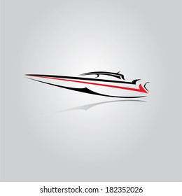 vector stylized black yacht icon on abstract grey background. fast fishing boat.