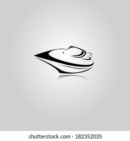 vector stylized black yacht icon on abstract grey background. fast fishing boat.