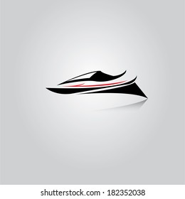 vector stylized black yacht icon on abstract grey background. fast fishing boat.