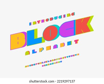Vector of stylized blocky alphabet design with uppercase, numbers and symbols
