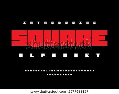 Vector of stylized blocky alphabet design with uppercase and numbers