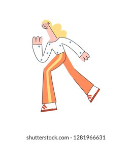 Vector stylized blonde woman running in fast pace smiling. Happy female cute sportsman working out, student or businessman in a hurry. Active young character, healthy lifestyle. Isolated illustration