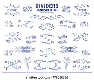 Vector stylized blue watercolor elements for design. Herbal ornate wave elements, perfect for dividers, headers, titles. Hand drawn sketch wild flowers, grass, herb, reed, and weed.