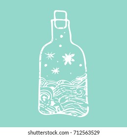 Vector stylized bottle with sea and starry sky inside.