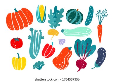 Vector stylized bright vegetable set in print flat style used for kitchen, cafe stuff, web page, surface textures. Eat local organic products.