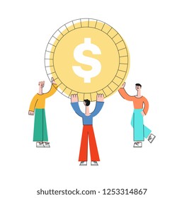 Vector stylized business man holding big golden coin with dollar currency sign above head. Banking and financial services concept with male office characters and symbol of success, deal and wealth