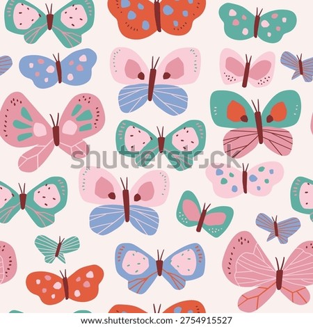 Vector stylized butterfly seamless pattern design. Funny collage butterfly fabric design. Summer insect pattern for kids print design.