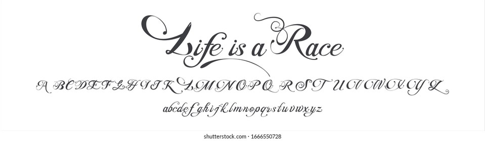 Vector of stylized calligraphic font and alphabet as sample title text of Life is a Race