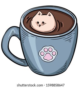 Vector stylized cat cup with paw print illustration with cat inside in the cocoa drink