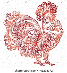 Vector stylized celebration red fiery rooster. Coloring, zentangle art, Filigree pattern. symbol of the new year Christmas holiday