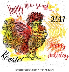 Vector stylized celebration red fiery rooster.Watercolor, chalk pastels pencils texture vector Coloring, zentangle art, Hohloma Filigree pattern. symbol of the new year Christmas holiday