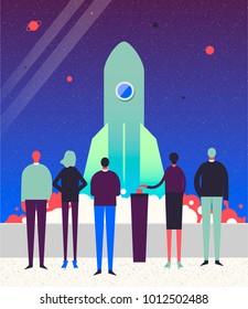 Vector stylized characters. Business illustration. Start up concept. Rocket launch