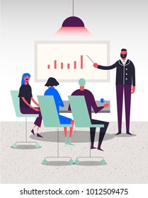 Vector stylized characters. Business illustration. Meeting, conference, analysis, working group. People sitting in the office