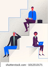 Vector stylized characters. Business illustration. Career stairs concept. Businessmen and businesswoman sitting on different levels