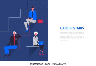Vector stylized characters. Business illustration. Career stairs concept. Businessmen and businesswoman sitting on different levels