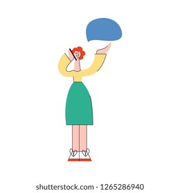 Vector stylized cheerful young caucasian woman gesticulating calling phone standing in skirt with empty speech bubble. Smiling stylized female character communicating with friend or colleague