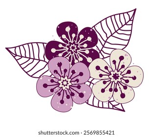 Vector stylized cherry blossoms with leaves. Isolated on transparent background. For textiles, wallpaper and packagin