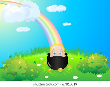 The vector stylized child in a pot on a green summer meadow