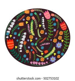 Vector stylized childlike set of bright plants and flowers in a special dark frame. Design element for dishes, plates and vessels. Childlike and naive theme decoration. Books, magazines.