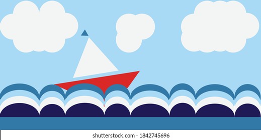 Vector stylized children book or t-shirt print image - ship sailing in wavy ocean. Blue sky with white clouds. shape design 