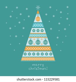 Vector stylized christmas tree with balls and snowflakes. Blue winter background with lettering - Merry Christmas. Holiday invitation and greeting card. Abstract drawing ornamental illustration